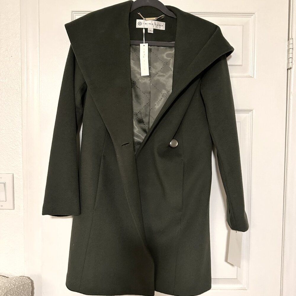 NWT Trina Turk Green Single Breasted Lambswool Coat